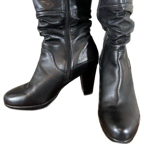 Blondi Knee High Tall Black Leather Heeled Boots Size 8.5 Zip up calf & Lace up - Picture 4 of 13